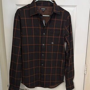Express Men's Black and Brown Checkered Shirt
